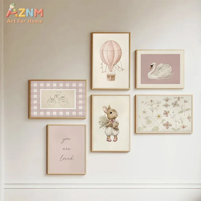 Baby Nursery Vintage Decor - AZNM Boho Bunny 열기구 백조 벽