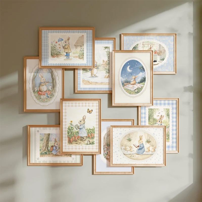 Baby Nursery Vintage Decor - 빈티지 Boho 파란색 격자 무늬 토끼