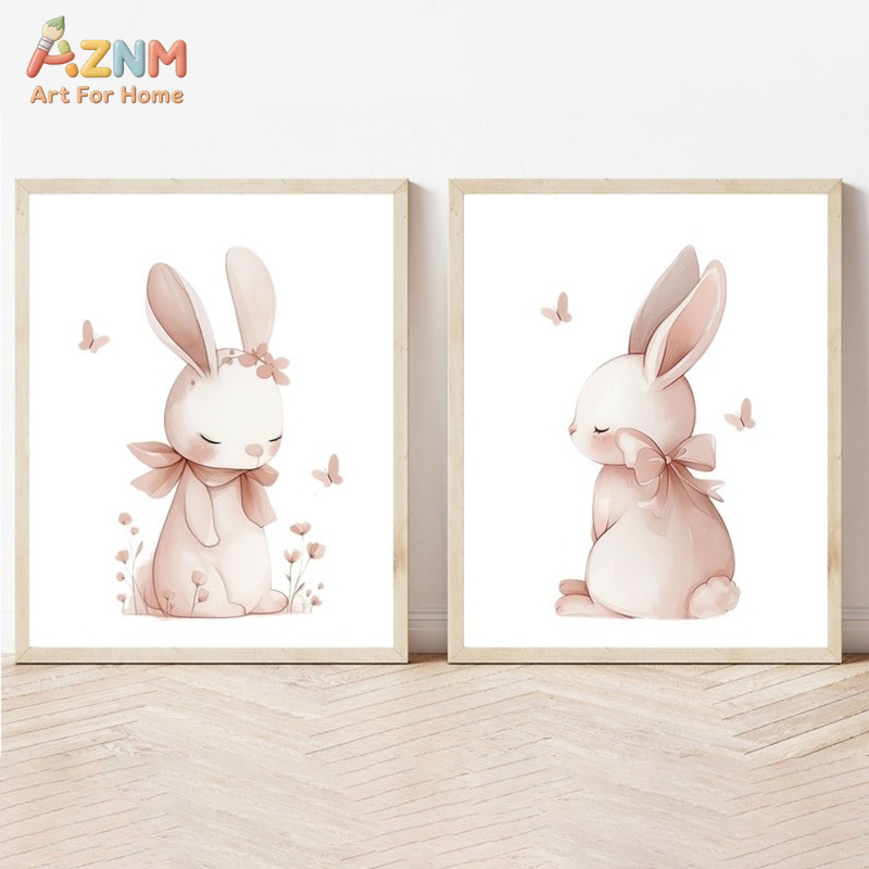 Baby Nursery Neutral - AZNM 소프트 핑크 수채화 토끼 캔버스