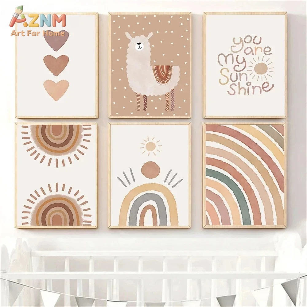 Baby Nursery Neutral - AZNM 보헤미안 스타일 라마 캔버스 프린트