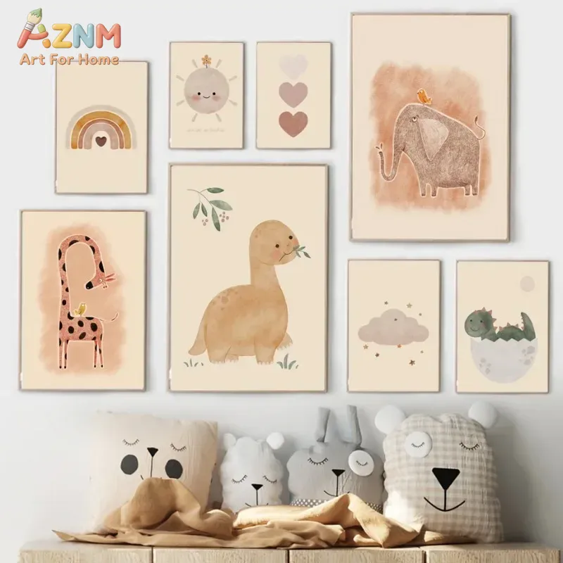 Baby Nursery Neutral - AZNM 중립 수채화 공룡 캔버스 벽