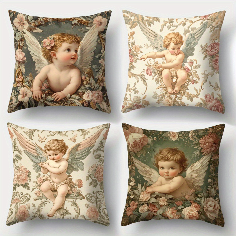 Baby Nursery Vintage Decor - 프린트된 천사 꽃무늬 베개 커버 4개
