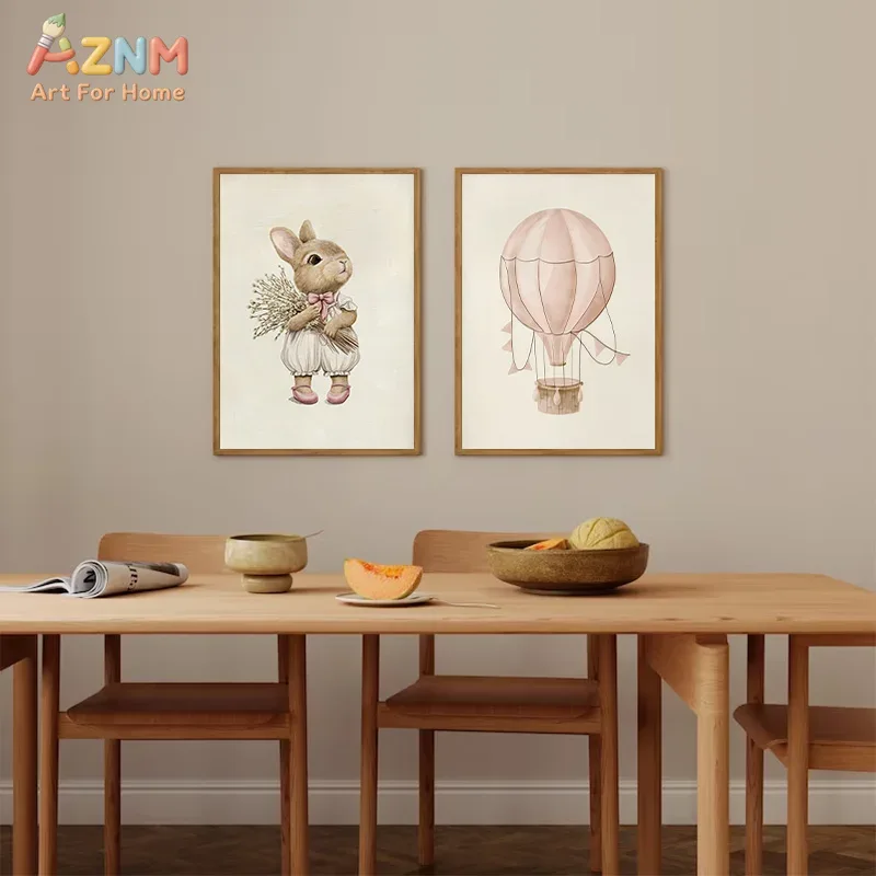 AZNM Boho Bunny 열기구 백조 벽 아트 캔버 - Baby Nursery Vintage Decor 리뷰 및 가격
