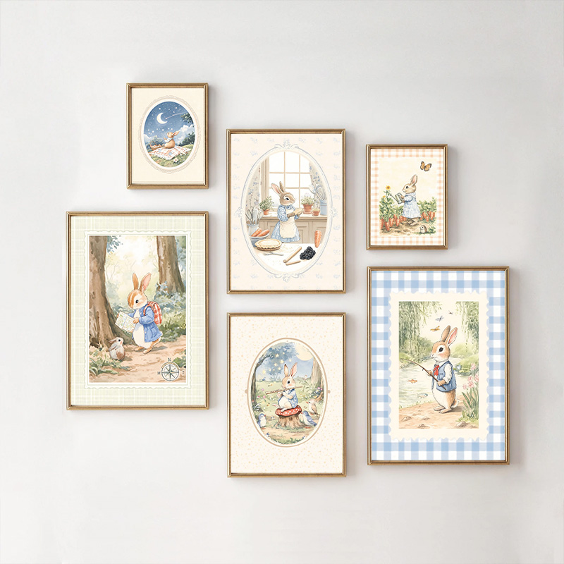 빈티지 Boho 파란색 격자 무늬 토끼 영감 아트 포스 - Baby Nursery Vintage Decor 리뷰 및 가격
