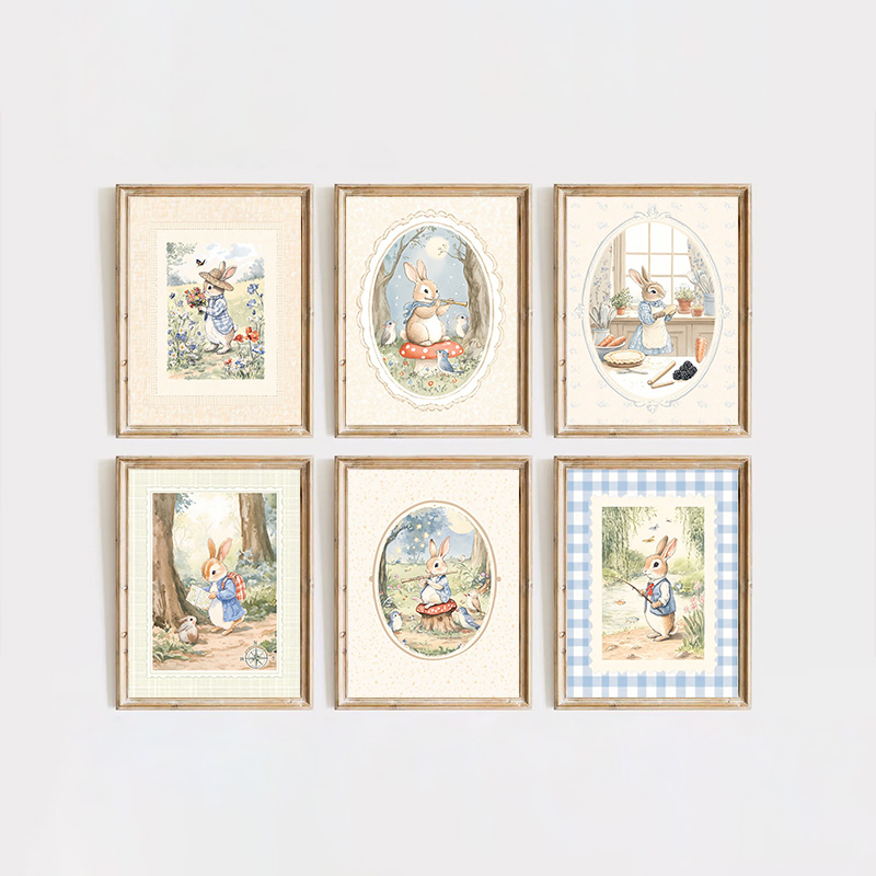 빈티지 Boho 파란색 격자 무늬 토끼 영감 아트 포스 - Baby Nursery Vintage Decor 리뷰 및 가격