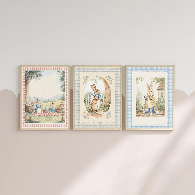 빈티지 Boho 파란색 격자 무늬 토끼 영감 아트 포스 - Baby Nursery Vintage Decor 리뷰 및 가격