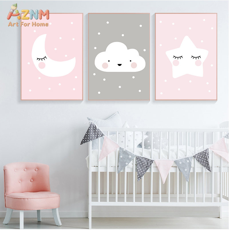 AZNM 귀여운 만화 달 구름 별 캔버스 인쇄 프레임이 - Baby Nursery Neutral 리뷰 및 가격