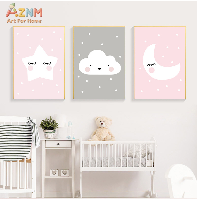 AZNM 귀여운 만화 달 구름 별 캔버스 인쇄 프레임이 - Baby Nursery Neutral 리뷰 및 가격