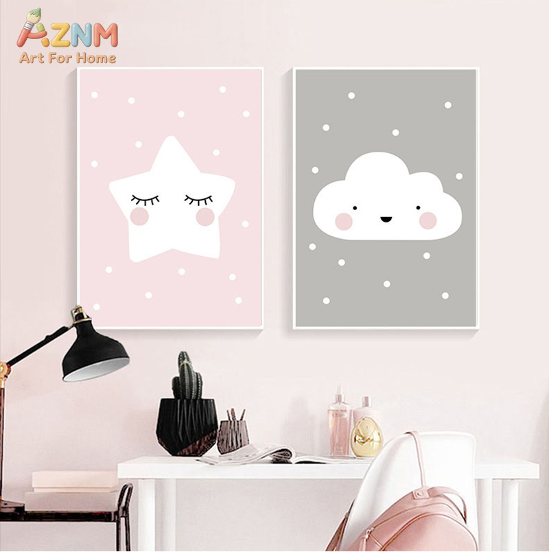 AZNM 귀여운 만화 달 구름 별 캔버스 인쇄 프레임이 - Baby Nursery Neutral 리뷰 및 가격