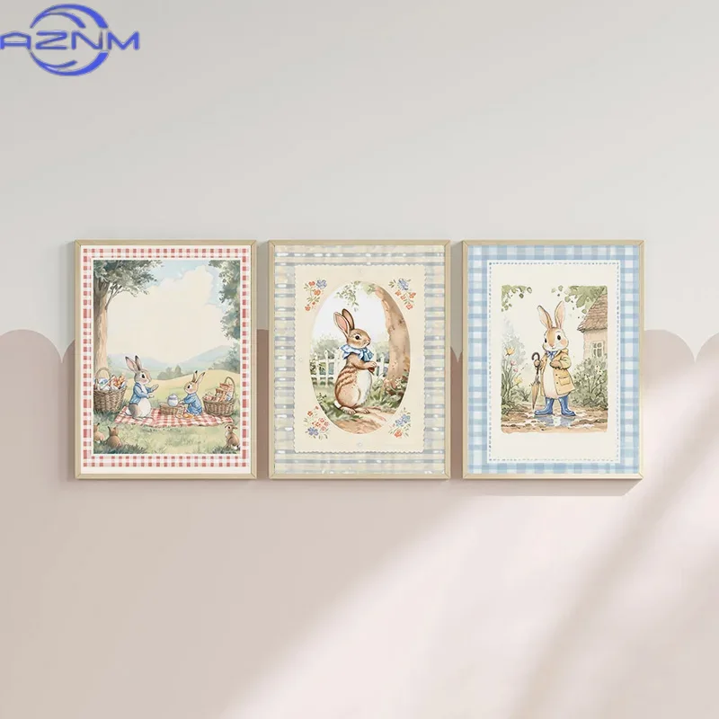 AZNM 빈티지 보헤미안 블루 격자 무늬 토끼 영감을  - Baby Nursery Vintage Decor 리뷰 및 가격